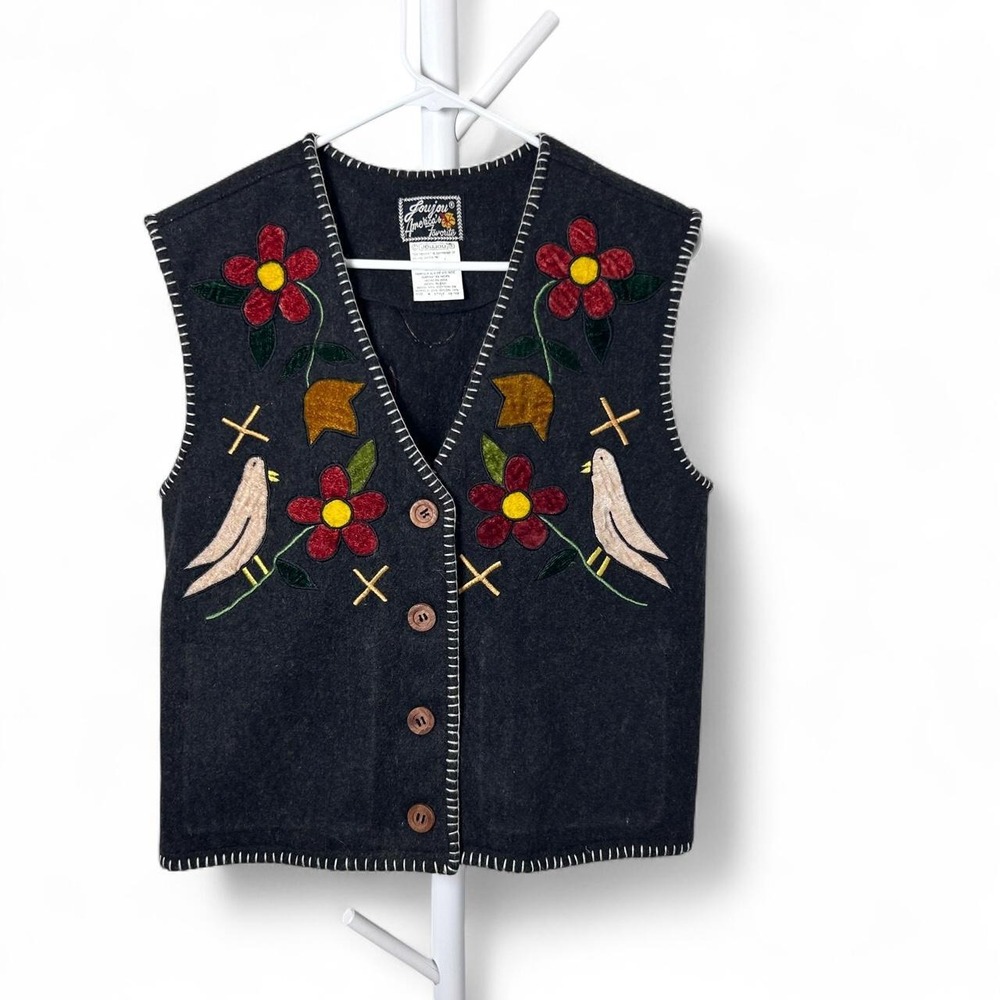 Jou Jou Gray Flower Bird Nature Button Up Wool Vest medium